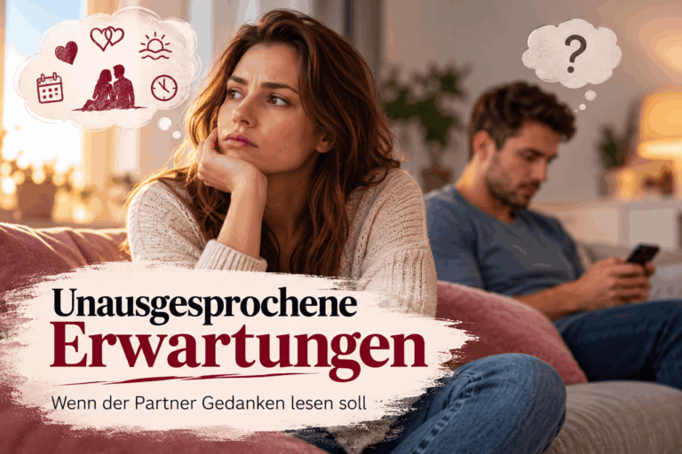 Frau wirkt nachdenklich, während ihr Partner aufs Handy schaut – unausgesprochene Erwartungen sorgen für Missverständnisse in der Beziehung.